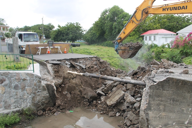 Demolition of the Bath Village Bridge on May 25, 2017, paving the way for reconstruction of a new bridge by the Public Works Department on Nevis